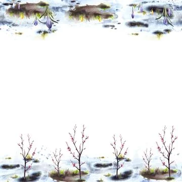 Primary flowers blossoming spring trees melting snow seamless frame Watercolor Stock Illustration