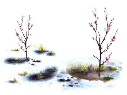 Primary flowers, blossoming spring trees, melting snow Hand drawn watercolor Illustrazione stock