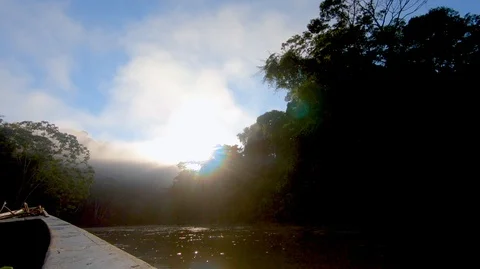 Primary jungle in Perú: Sailing during sunrise in the river Stock Footage 115099115