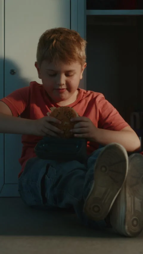 Primary School Boy Enjoying Burger From Lunch Container During School Break Stock Footage 342031890