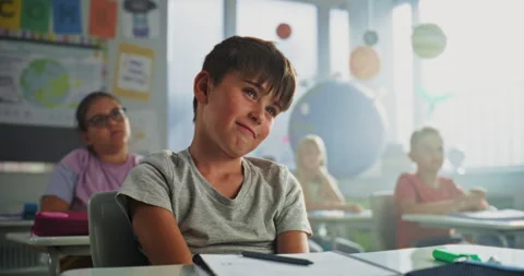 Primary School Boy Sitting at Desk, Raising Hand and Giving Correct Answer on Stock Footage 317166576