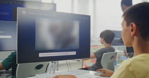 Primary School Boy Working on Computer, Creating Sci-Fi Picture in AI Image Stock Footage 316293094