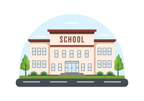 Primary School with Building Structure and Eksterior in Template Hand Drawn C Ilustración de archivo