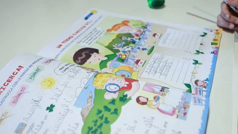 Primary school child doing summer homework,home family education,timelapse Stock Footage 134578764