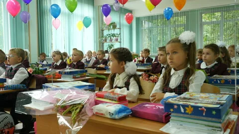 Primary school children sit in a classroom at school. School kids sitting at the Video stock 88330706
