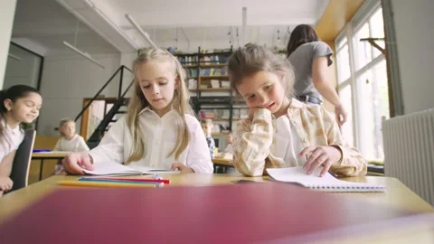 In a Primary School Classroom: Portrait of Two Classmates Sitting at the Front Stock Footage 279517711