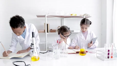 Primary school education in science laboratory classroom concept, pupil in .. Stock Footage 243571776