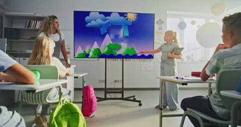 Primary School Girl Showcasing Knowledge of Geography in Front of Class and Stock Footage 315539301