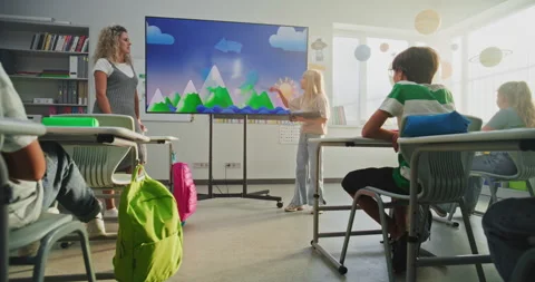 Primary School Girl Showcasing Knowledge of Geography in Front of Class and Stock Footage 315539351
