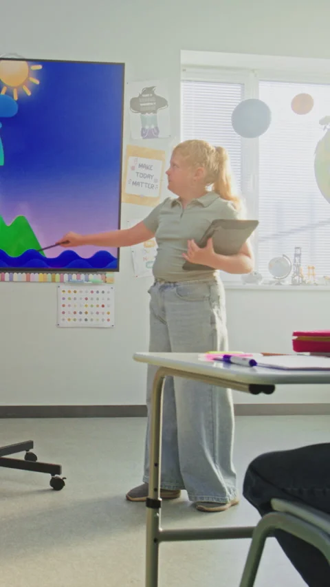Primary School Girl Showcasing Knowledge of Geography in Front of Class and Stock Footage 315539419