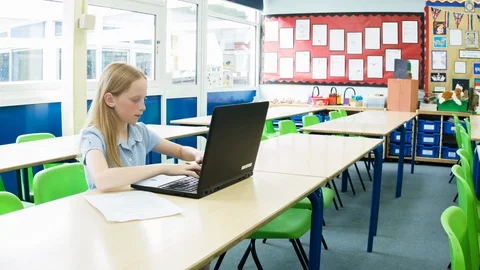 Primary school girl working on computer after class Video stock 104236918