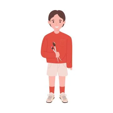 Primary school student standing, boy holding brushes to paint in lesson Ilustração Stock