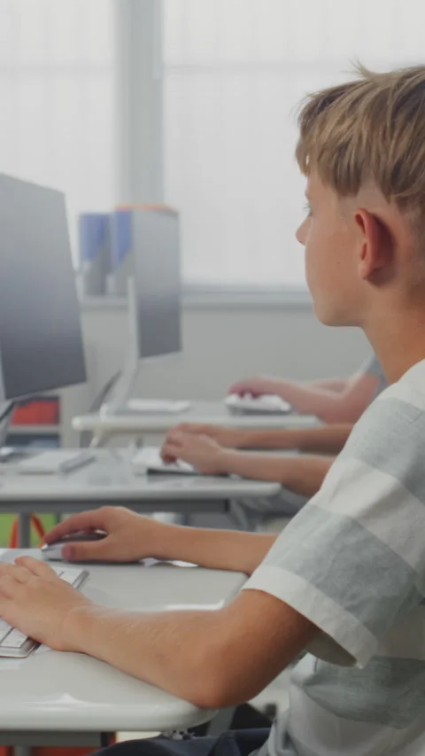 Primary School Students Drawing Pictures on Computers, Working on Creative Stock Footage 317169084