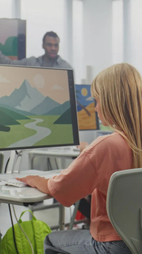 Primary School Students Drawing Pictures on Computers. Teacher Educating Kids Stock Footage 317170041