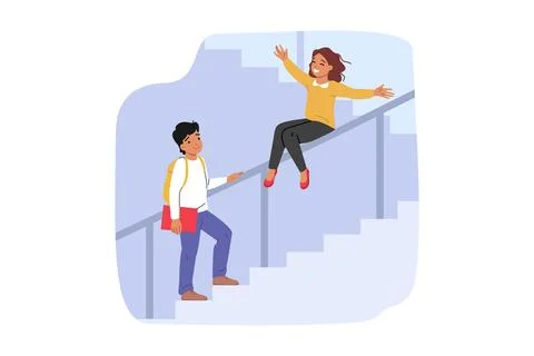 Primary school students have fun during recess and ride on staircase railings Stock Illustration