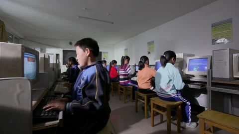 Primary school students in poor areas are taking computer courses, Hebei, China Stock Footage 143896762