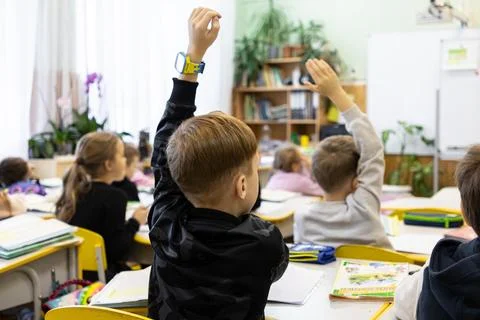 Primary school students raise hands to participate in a classroom lesson, c.. Stock Photos