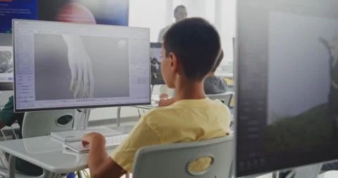 Primary School Students Working on Computers, Creating 3D Objects in Design Stock Footage 316292863