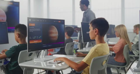 Primary School Students Working on Computers, Studying Artificial Intelligence Stock Footage 316293440