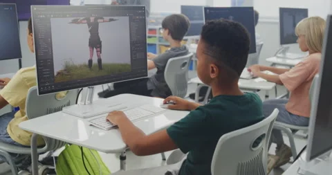 Primary School Students Working on Computers, Creating 3D Objects in Design Stock Footage 316298307