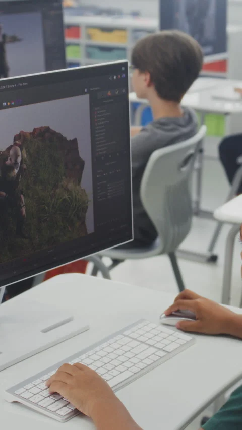 Primary School Students Working on Computers, Creating 3D Objects, Studying Game Stock Footage 317160840