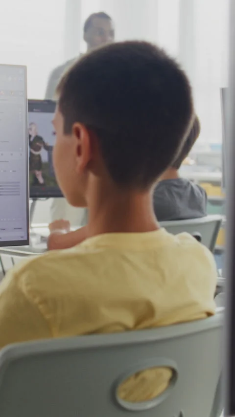 Primary School Students Working on Computers, Creating 3D Objects in Design Stock Footage 317165647