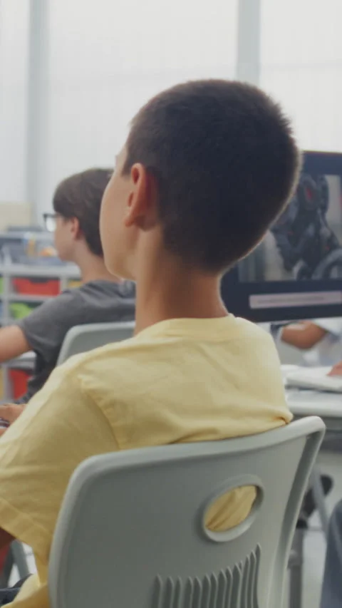 Primary School Students Working on Computers, Creating 3D Objects in Design Stock Footage 317168773