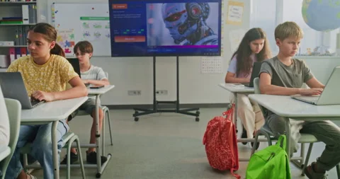Primary School Students Working on Creative Projects on Laptops, Practicing Stock Footage 315469969