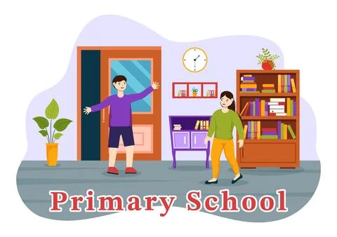 Primary School Vector Illustration of Students Children and School Building.. Ilustración de archivo