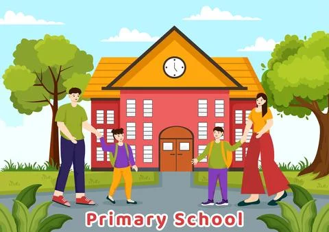 Primary School Vector Illustration of Students Children and School Building.. Ilustración de archivo