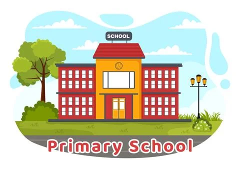 Primary School Vector Illustration of Students Children and School Building.. Ilustración de archivo