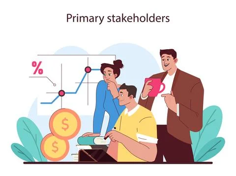 Primary stakeholders concept. Team evaluates financial growth through data 스톡 일러스트