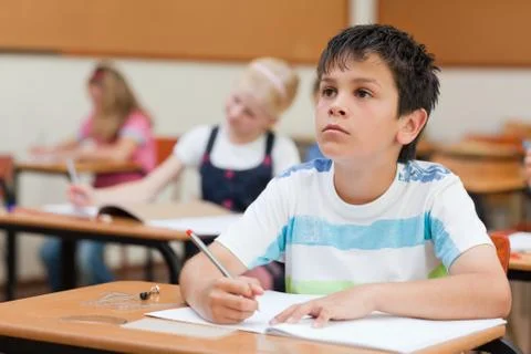 Primary student looking at blackboard Stock Photos