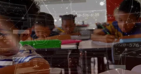 Primary students writing at desks, camera pulling back while data schematic Stock Footage 331045806