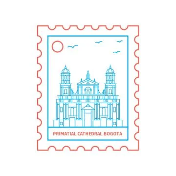 PRIMATIAL CATHEDRAL BOGOTA postage stamp Blue and red Line Style, vector illu Ilustración de archivo