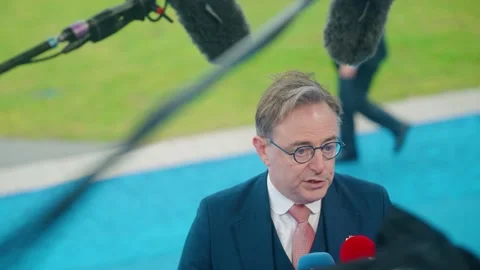 Prime Minister of Belgium Bart De Wever talking to the press during the Stock Footage 333373955