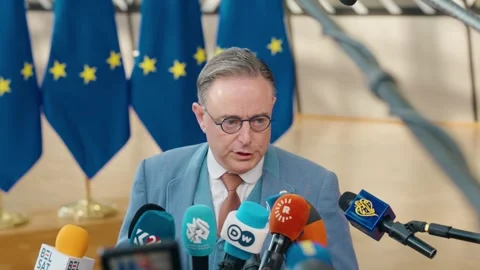 Prime Minister of Belgium Bart De Wever talking to the press at the European Stock Footage 335393262