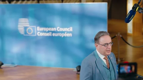 Prime Minister of Belgium Bart De Wever talking to the press at the European Stock Footage 335398604