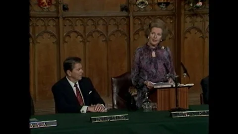 Prime Minister Thatcher Joint Statement on deliberations of Economic Summit-1984 Stock Footage 90456489