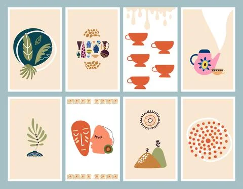 Primitive art wall posters. Boho style cards with abstract elements. Vases with Stock Illustration