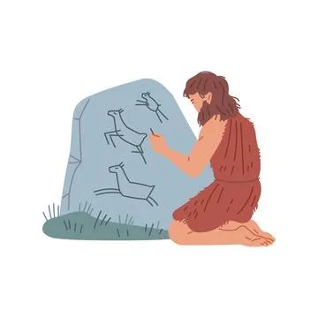 Primitive cave human drawing silhouettes of animals on the rock, vector ancient Stock Illustration
