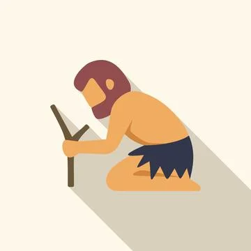 Primitive caveman kneeling and sharpening stick with sharp stone 스톡 일러스트