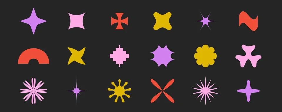 Primitive geometric forms collection. Abstract stars, flowers, sunbursts shapes Stock Illustration