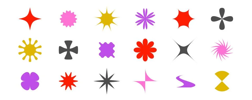 Primitive geometric forms collection. Abstract stars, flowers, crosses, sunburst Stock Illustration