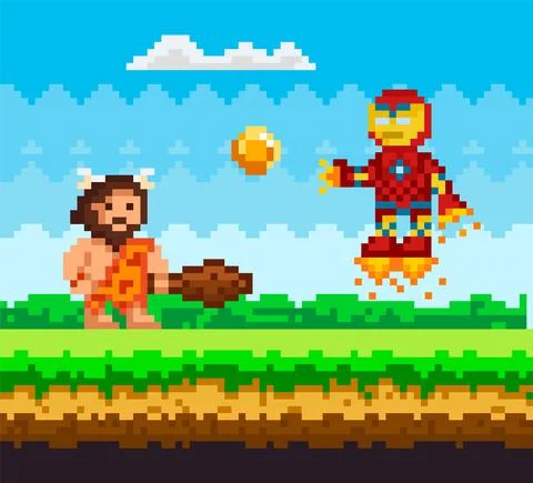 Primitive man attacks flying iron robot in jet boots. Pixelated natural 스톡 일러스트