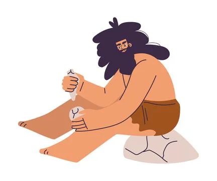 Primitive Man Character and Caveman in Loincloth Make Fire with Stone Vector イラスト素材