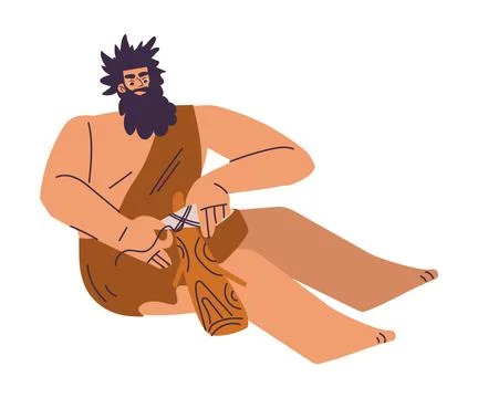 Primitive Man Character and Caveman in Loincloth Make Tool Vector Illustration Stock Illustration
