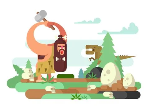 Primitive man with dinosaur Stock Illustration