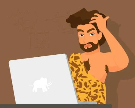 Primitive man has a problem with laptop イラスト素材