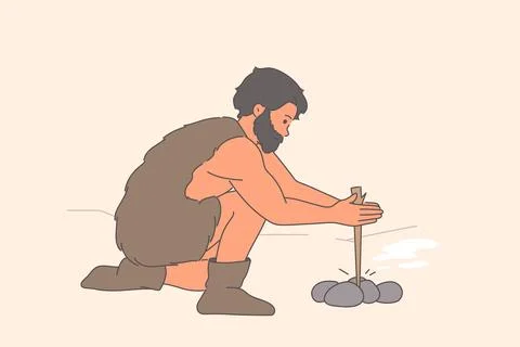 Primitive man makes fire using tree branch and stones in process of evolutionary Stock Illustration